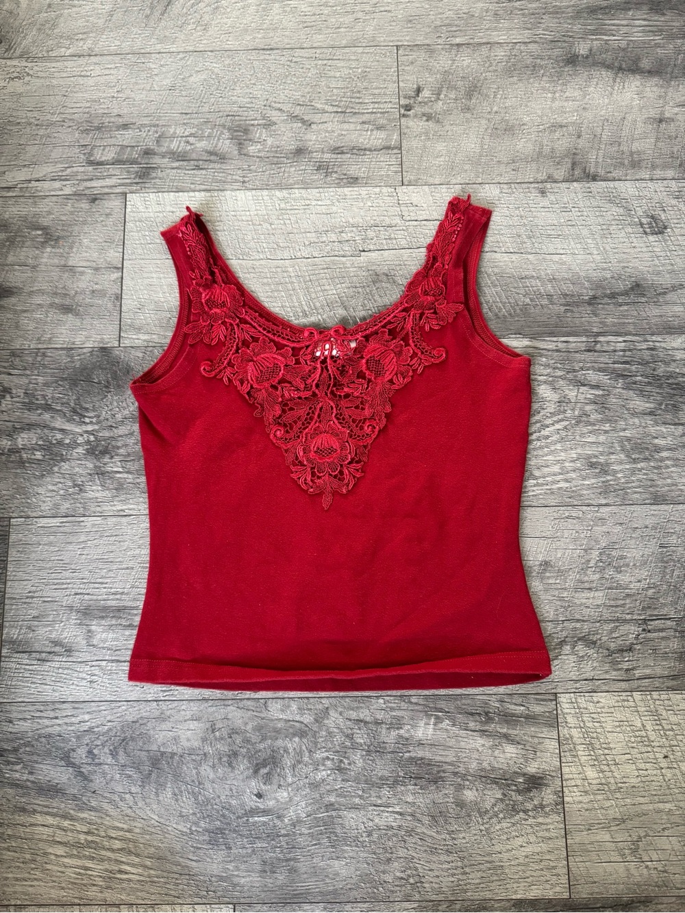 Vintage Celine Women's Size M Red Solid Knit Lace Camisole Tank Top Sleeveless